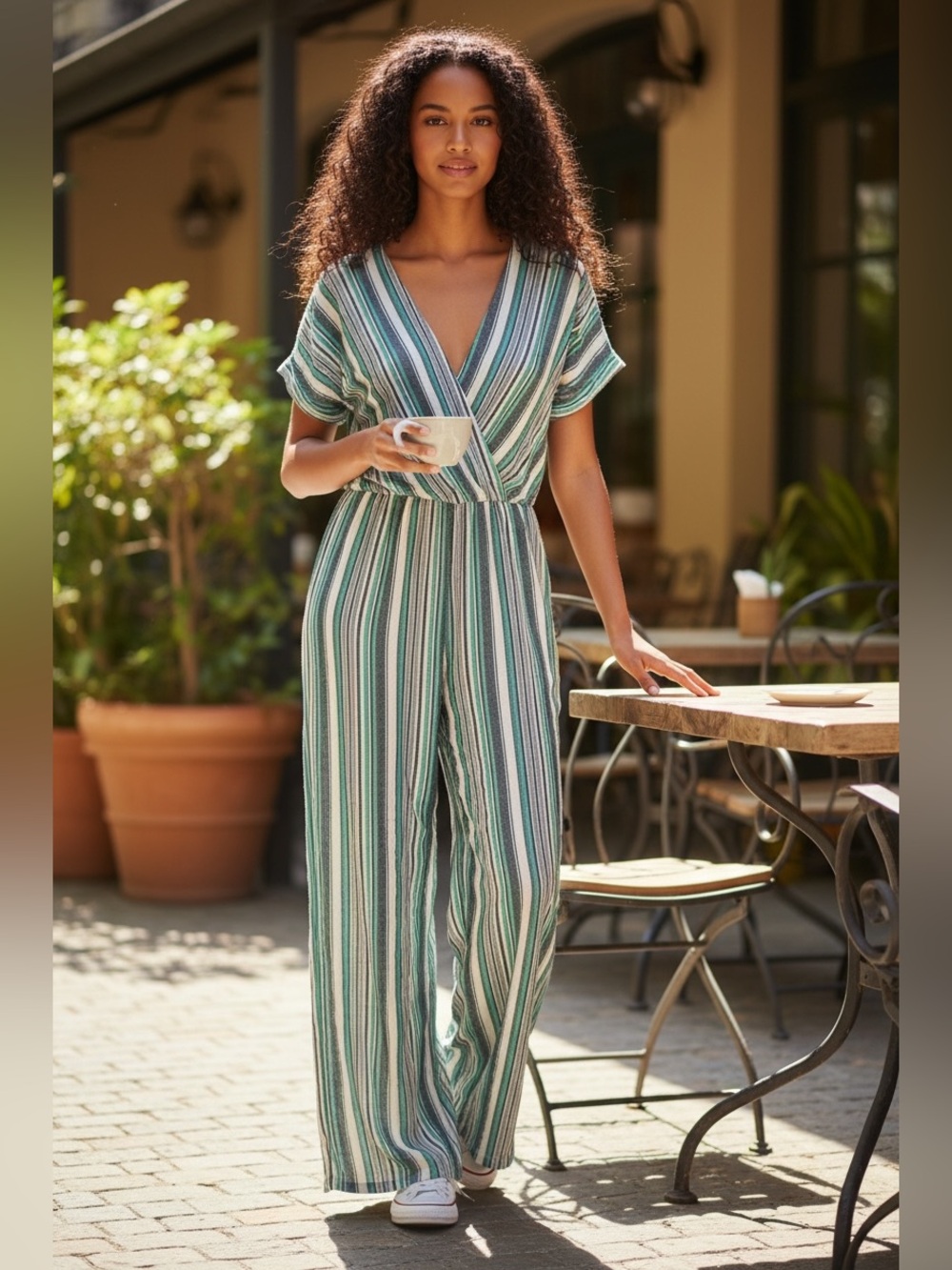 ECI Striped V-Neck Jumpsuit in Green and Cream